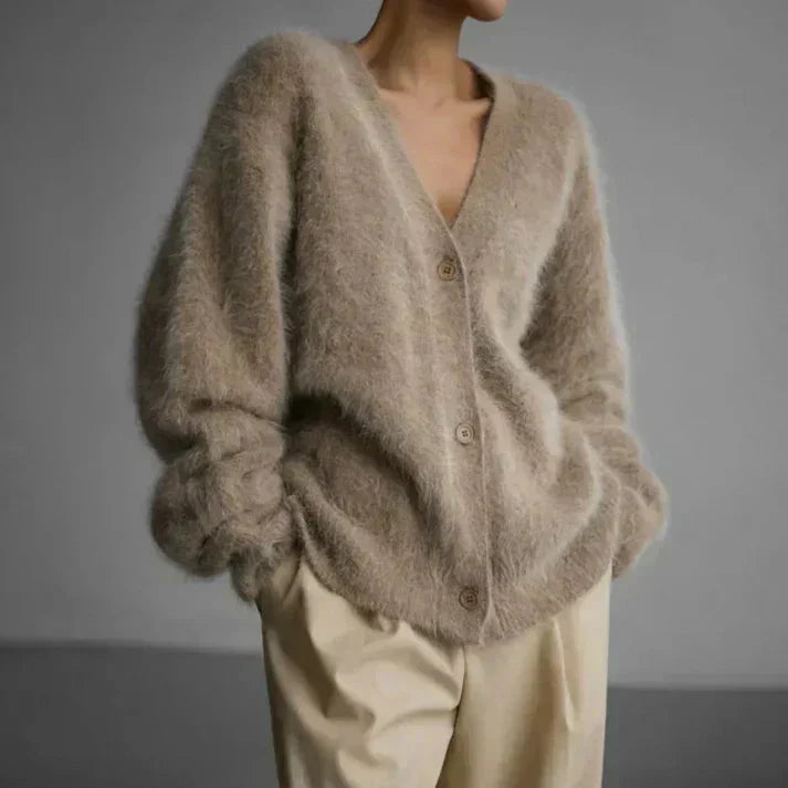 Gilet femme en laine duveteux – gilet tricoté chaud avec boutons automne hiver