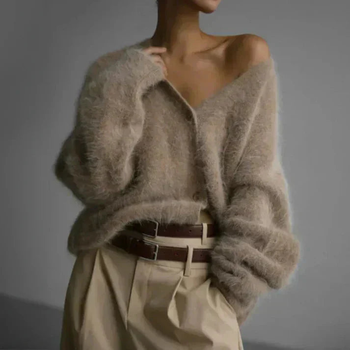 Gilet femme en laine duveteux – gilet tricoté chaud avec boutons automne hiver