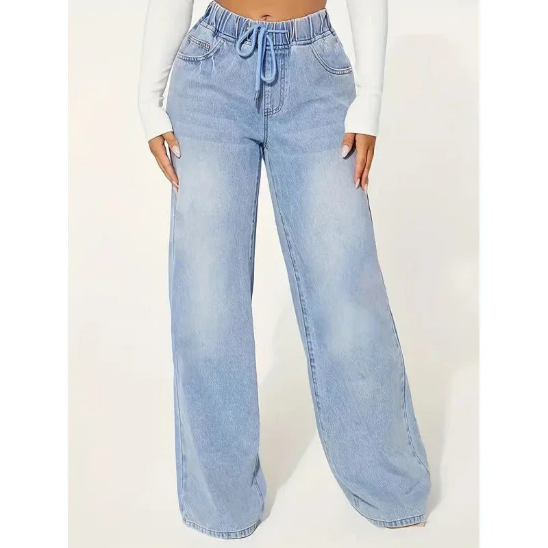 Jean femme taille haute wide leg – coupe ample avec taille élastique et lien