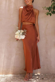 Co-ord satiné halter & maxi-jupe — ensemble festif taille haute