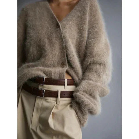 Gilet femme en laine duveteux – gilet tricoté chaud avec boutons automne hiver