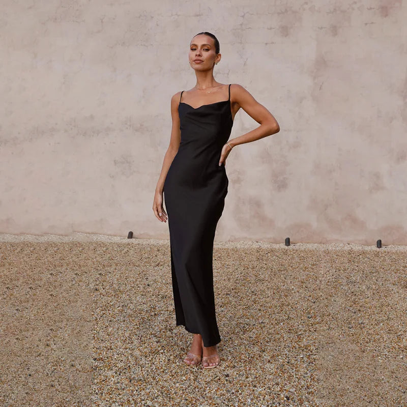 robe longue satin Elara — dos nu & col bénitier élégants
