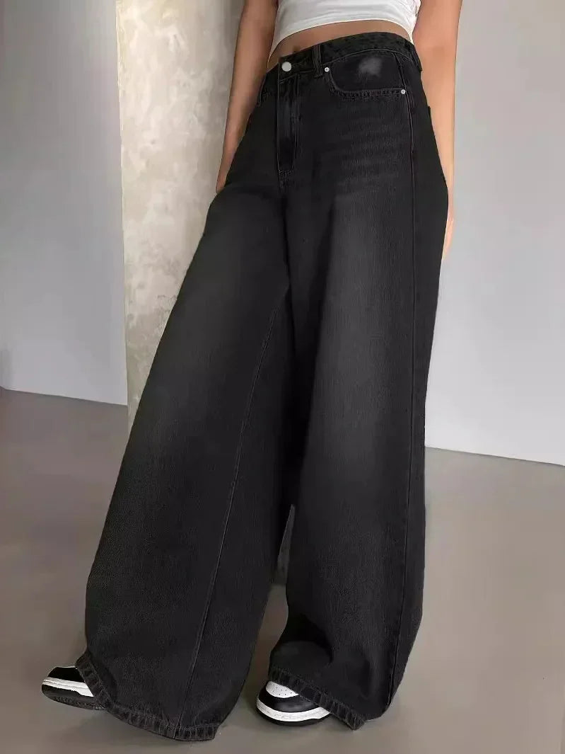 Jean baggy wide leg femme – taille haute oversize en gris, noir & bleu