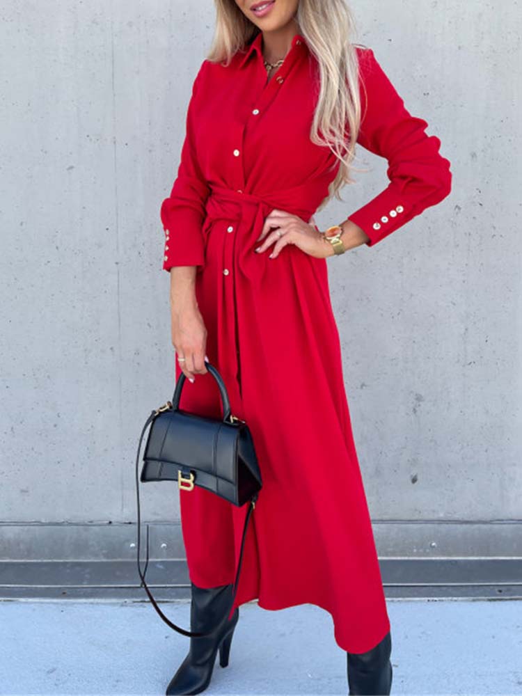 Robe-chemise manches longues à col – Coupe ample élégante & tissu respirant