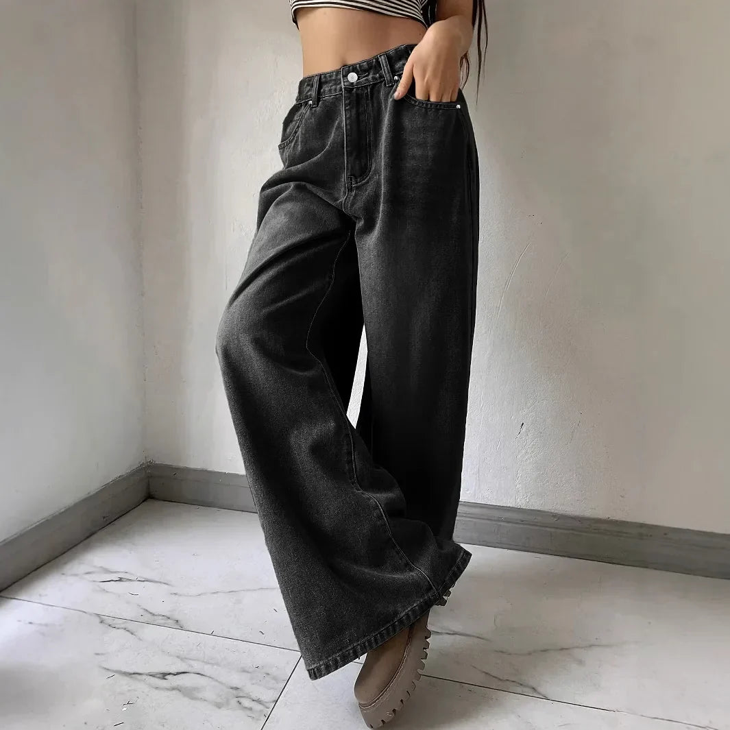 Jean wide leg femme taille haute – denim rigide noir & bleu tendance
