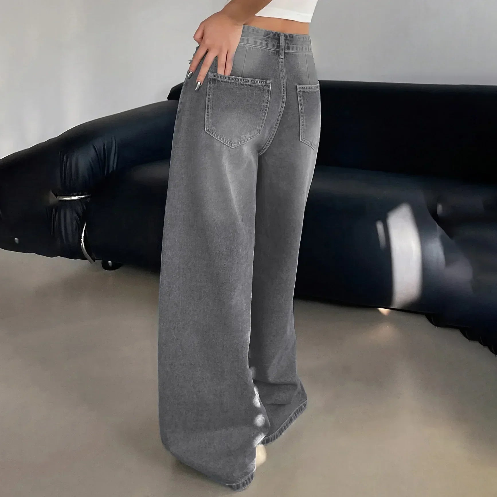 Jean baggy wide leg femme – taille haute oversize en gris, noir & bleu