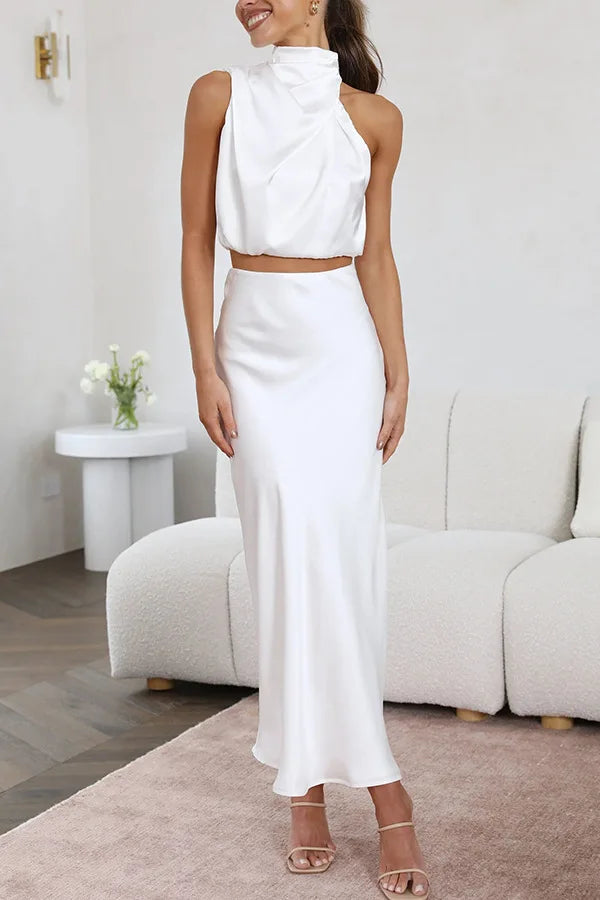 Co-ord satiné halter & maxi-jupe — ensemble festif taille haute