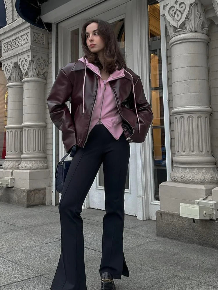 Veste Giulia femme en simili cuir brun — coupe courte & col à revers