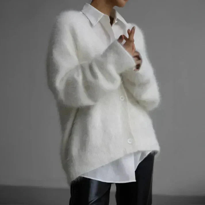 Gilet femme en laine duveteux – gilet tricoté chaud avec boutons automne hiver