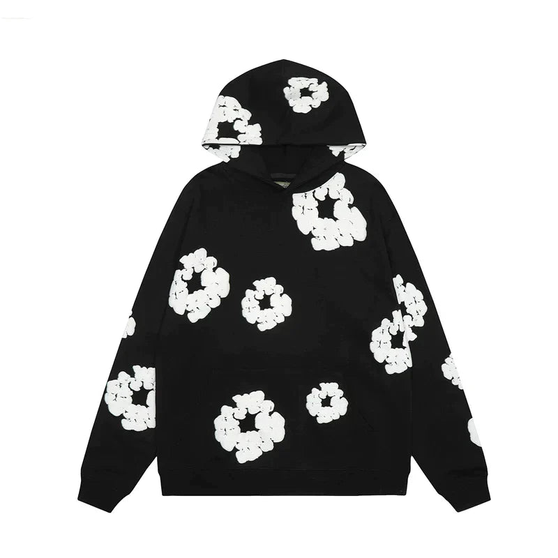 Sweat à capuche noir à imprimé fleuri – Unisexe, confortable et tendance