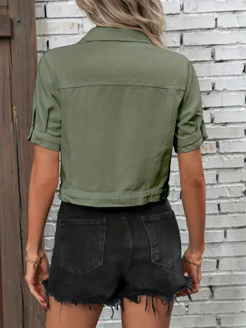 Veste femme en denim manches courtes – cropped, léger & tendance été