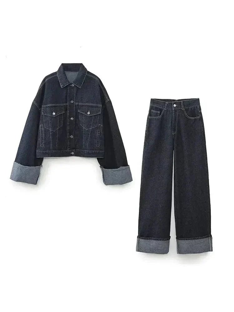 Ensemble femme en denim – Veste à col & pantalon, style chic intemporel