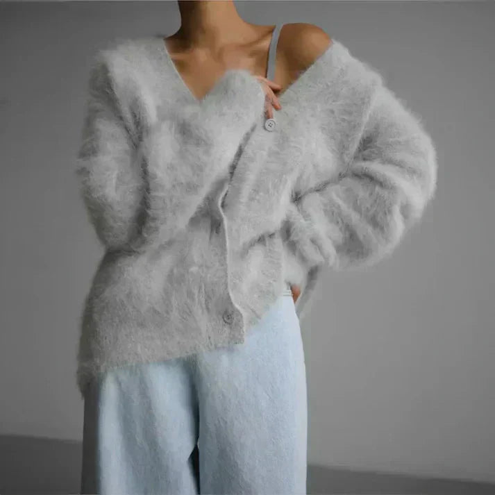 Gilet femme en laine duveteux – gilet tricoté chaud avec boutons automne hiver