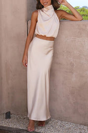 Co-ord satiné halter & maxi-jupe — ensemble festif taille haute