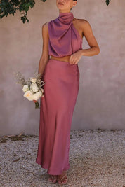 Co-ord satiné halter & maxi-jupe — ensemble festif taille haute