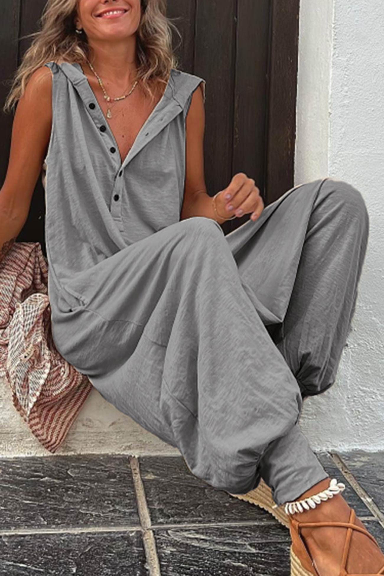 Combinaison oversize femme à col en V & boutons – Style casual confortable