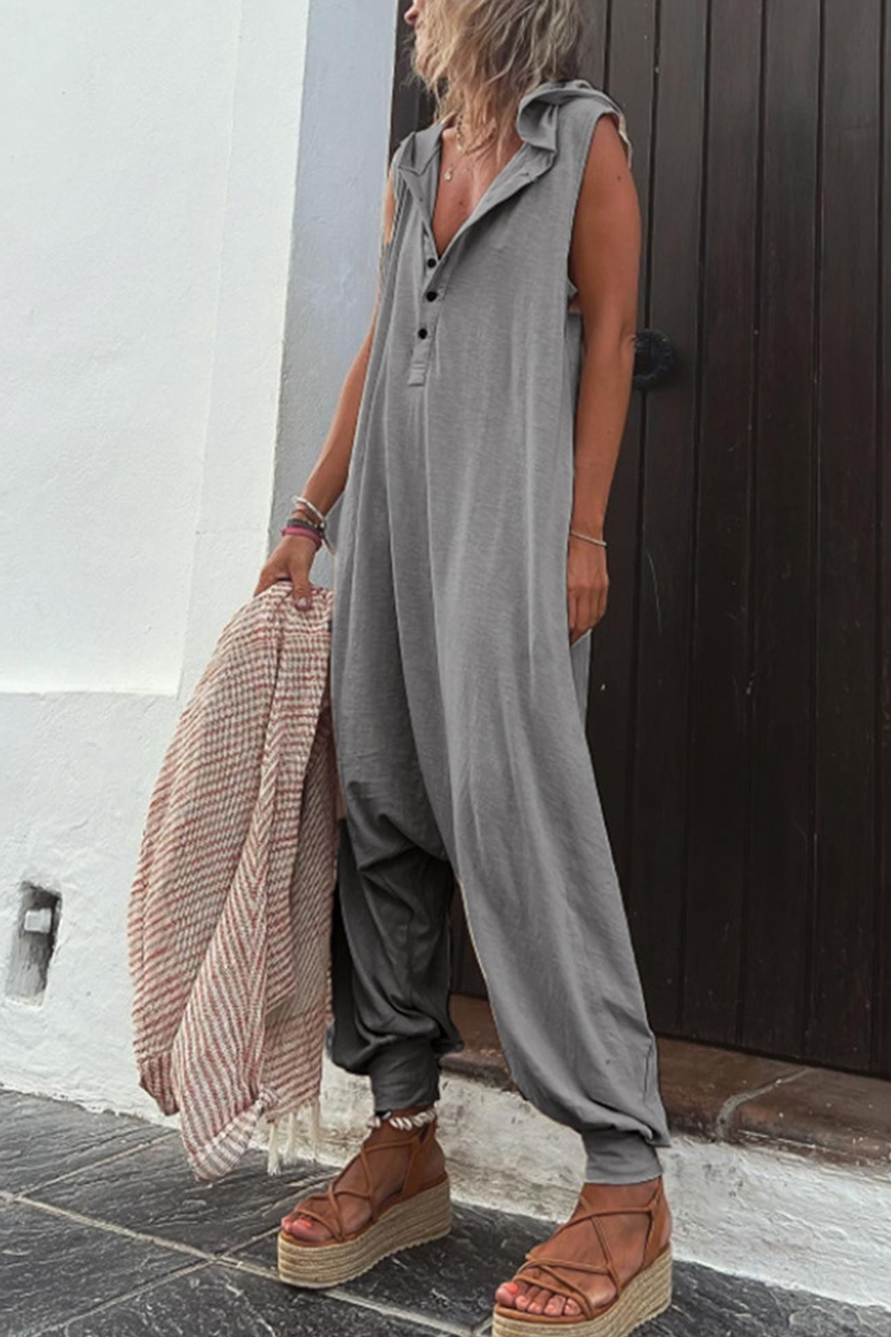 Combinaison oversize femme à col en V & boutons – Style casual confortable