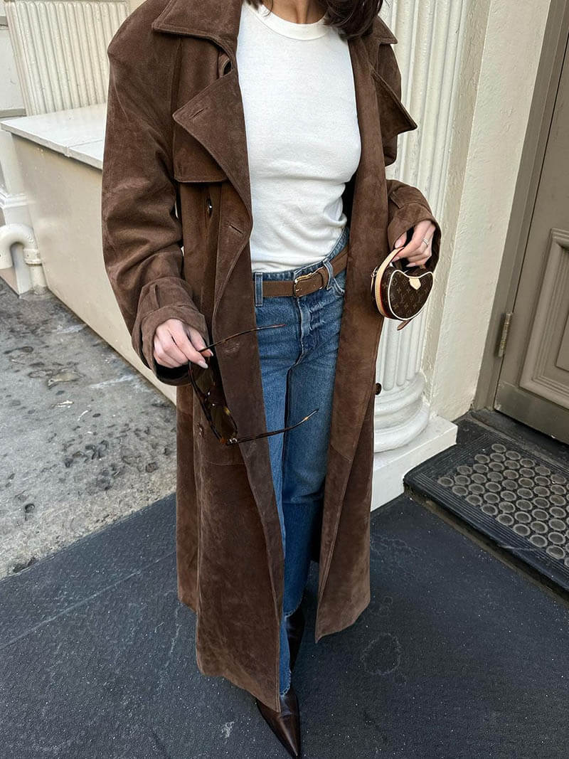 Trenchcoat femme daim – manteau long ceinturé élégant & intemporel