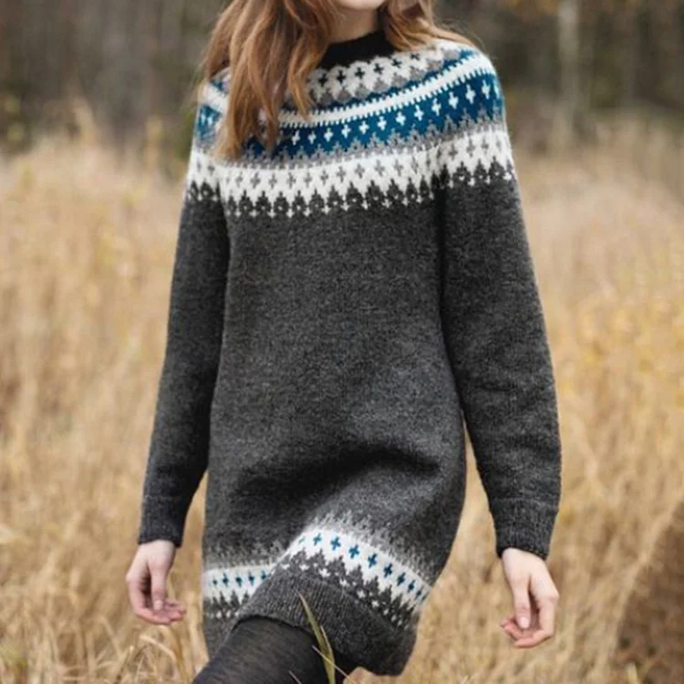 Robe midi tricot imprimé scandinave manches longues – Confort chaleureux