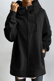 Sweat à capuche long femme avec col montant et zip – confort casual
