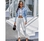 Veste denim cropped manches bouffantes — coupe cintrée & style moderne