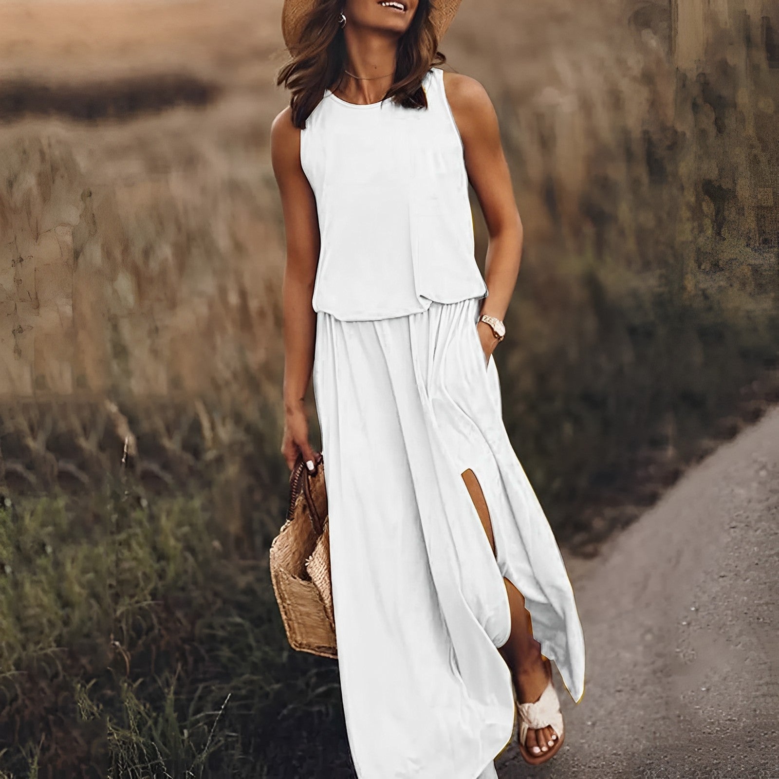 Robe longue boho blanche femme — maxi robe soirée sans manches avec fente élégante