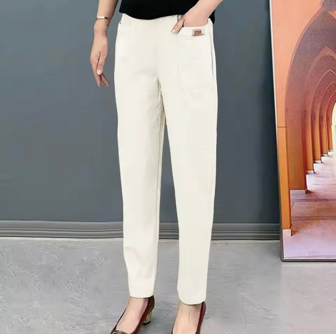 Pantalon femme coton Oriana – pantalon taille haute confortable coupe droite