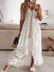 Robe maxi Mara boho chic V-col romantique – lin léger été blanc beige
