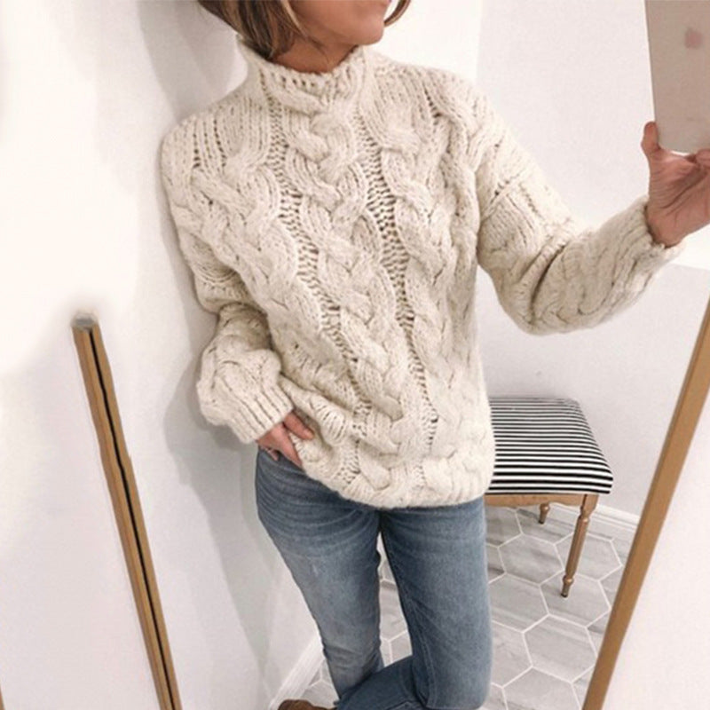 Pull femme torsadé col roulé – tricot épais, chaud & style automne hiver