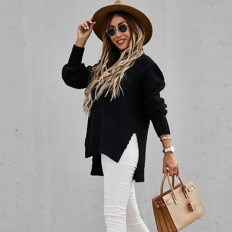 Pull Sofia ample col montant & zijsplit – Tricot doux tendance hiver mode