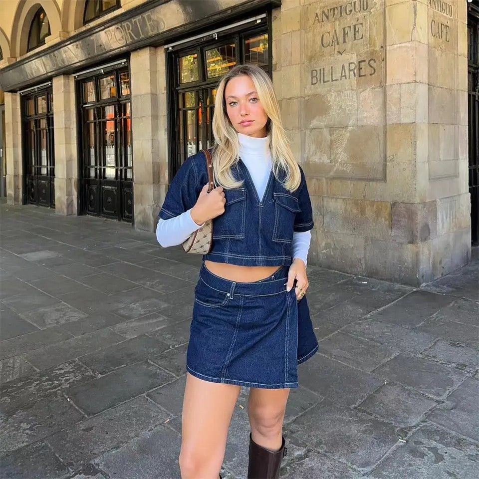 Combinaison Denim Femme ASHLEY – Top & Skort En Jean Clair ou Foncé