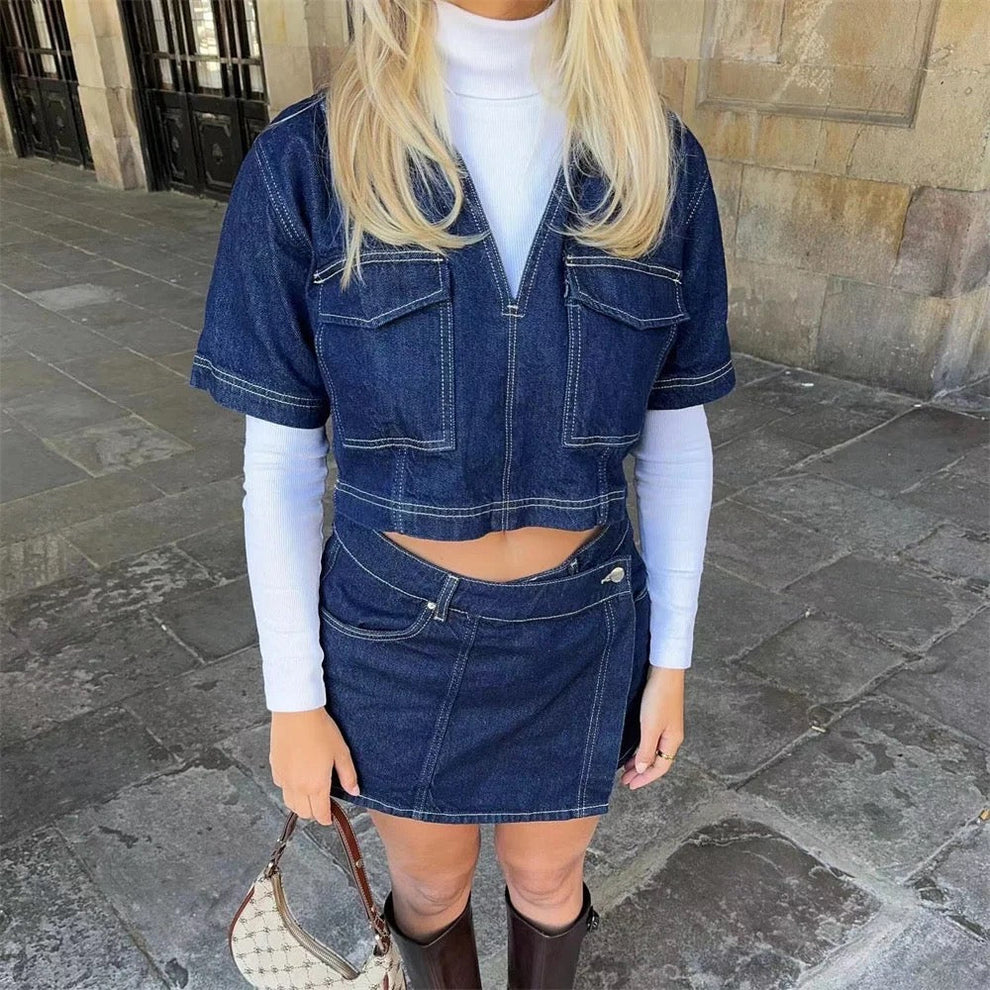 Combinaison Denim Femme ASHLEY – Top & Skort En Jean Clair ou Foncé