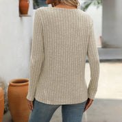 Blouse femme casual unie col V boutonné – Manches longues élégantes