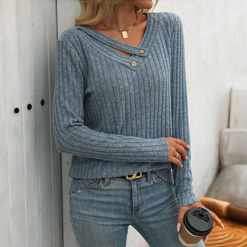 Blouse femme casual unie col V boutonné – Manches longues élégantes