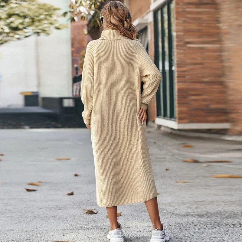 Robe midi femme en maille – col roulé & manches longues | Élégante & chaude