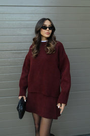 Ensemble Femme Automne-Hiver – Pull Oversize & Jupe Coordonnée Bordeaux