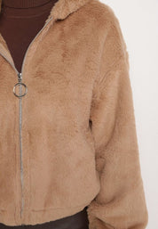 Veste teddy femme marron clair – douce, chaude avec capuche et zip