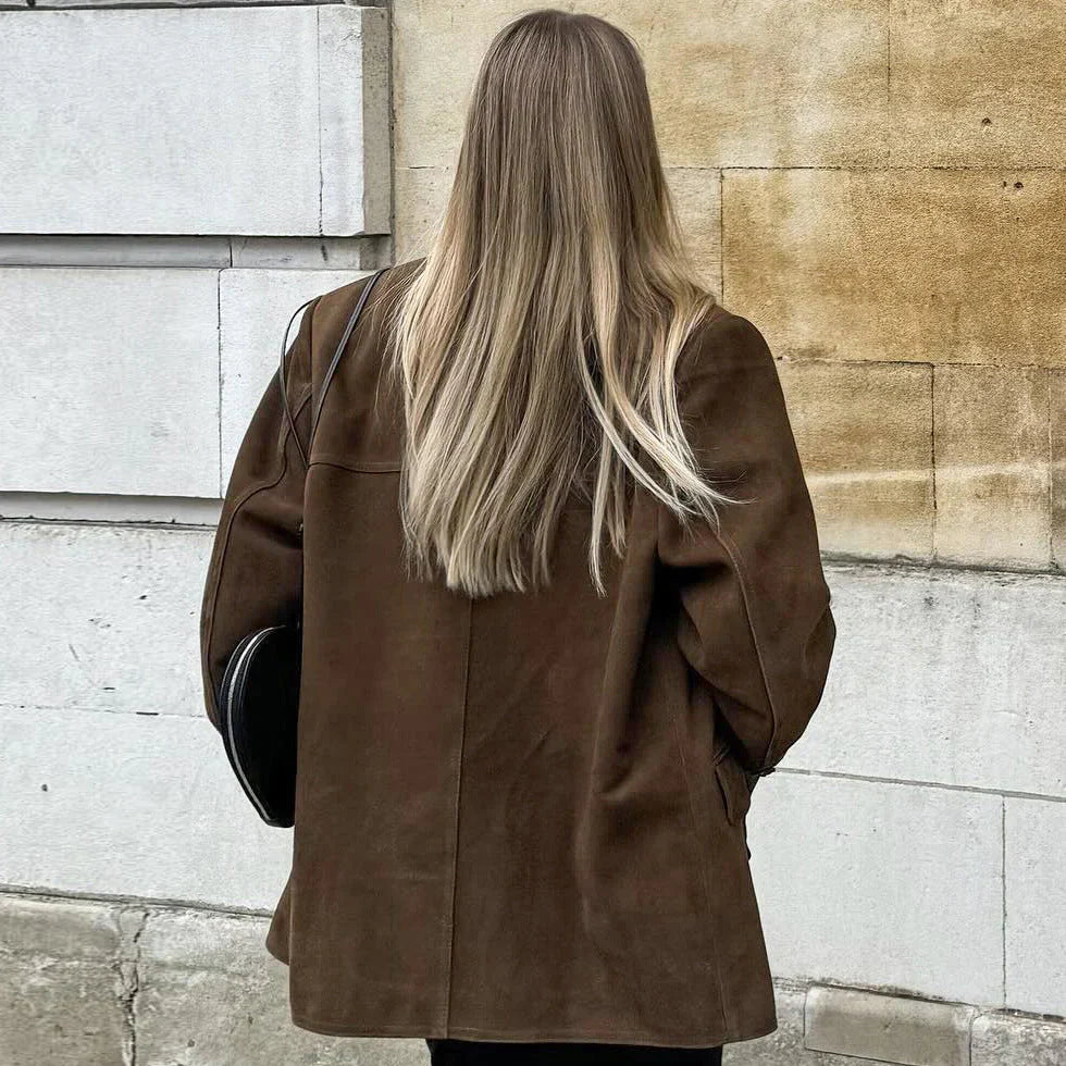 Blazer Suède Femme Marron – Coupe Oversize Tendance & Confort Stretch