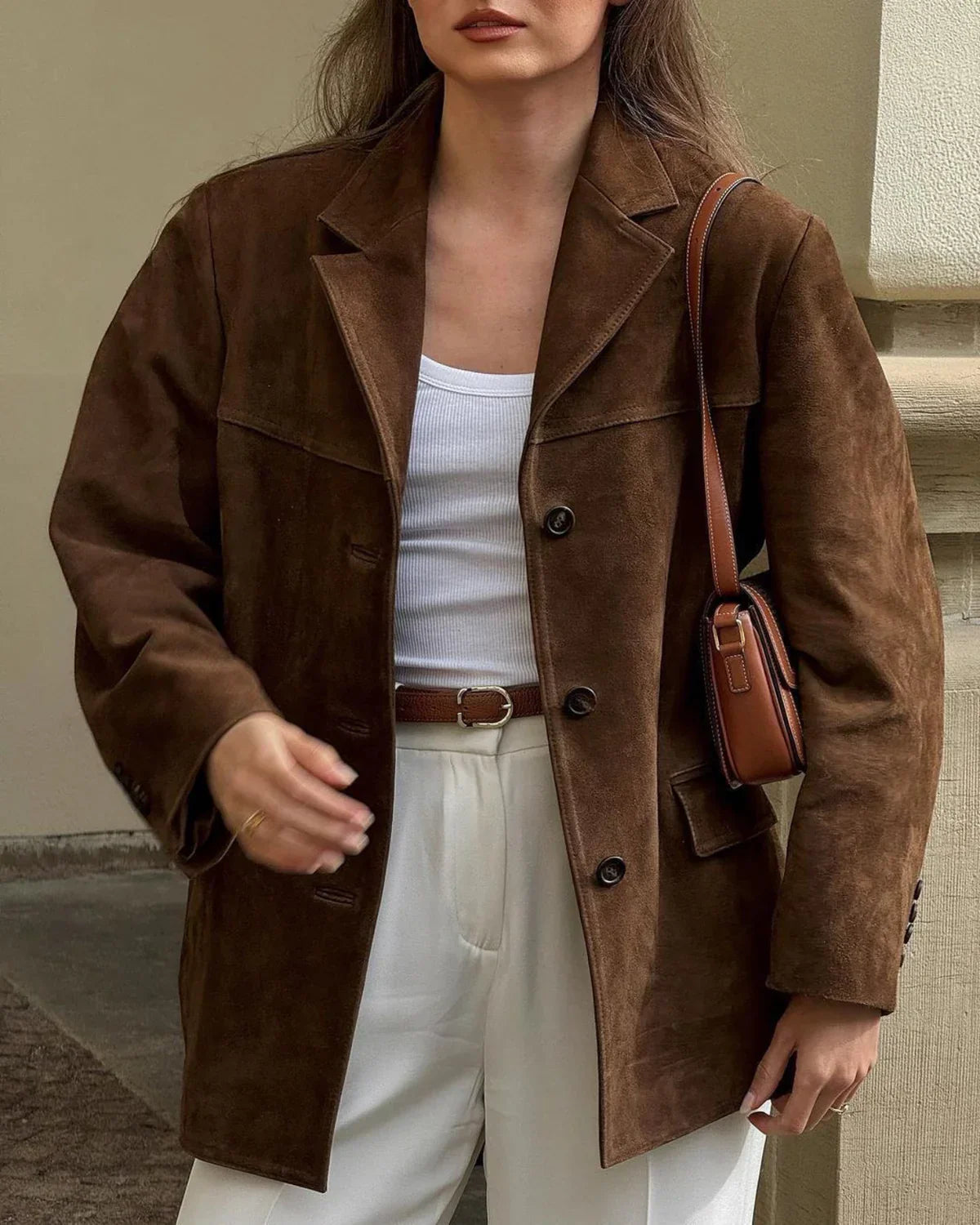 Blazer Suède Femme Marron – Coupe Oversize Tendance & Confort Stretch