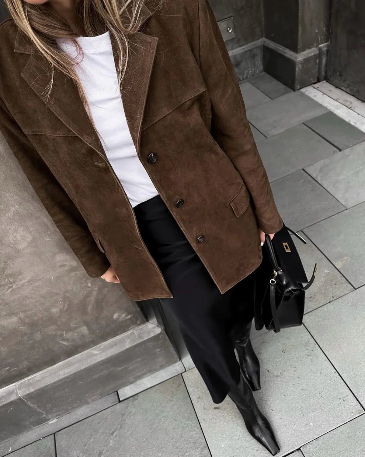 Blazer Suède Femme Marron – Coupe Oversize Tendance & Confort Stretch