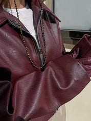 Veste femme en cuir PU bordeaux – style moderne avec zip & coupe élégante