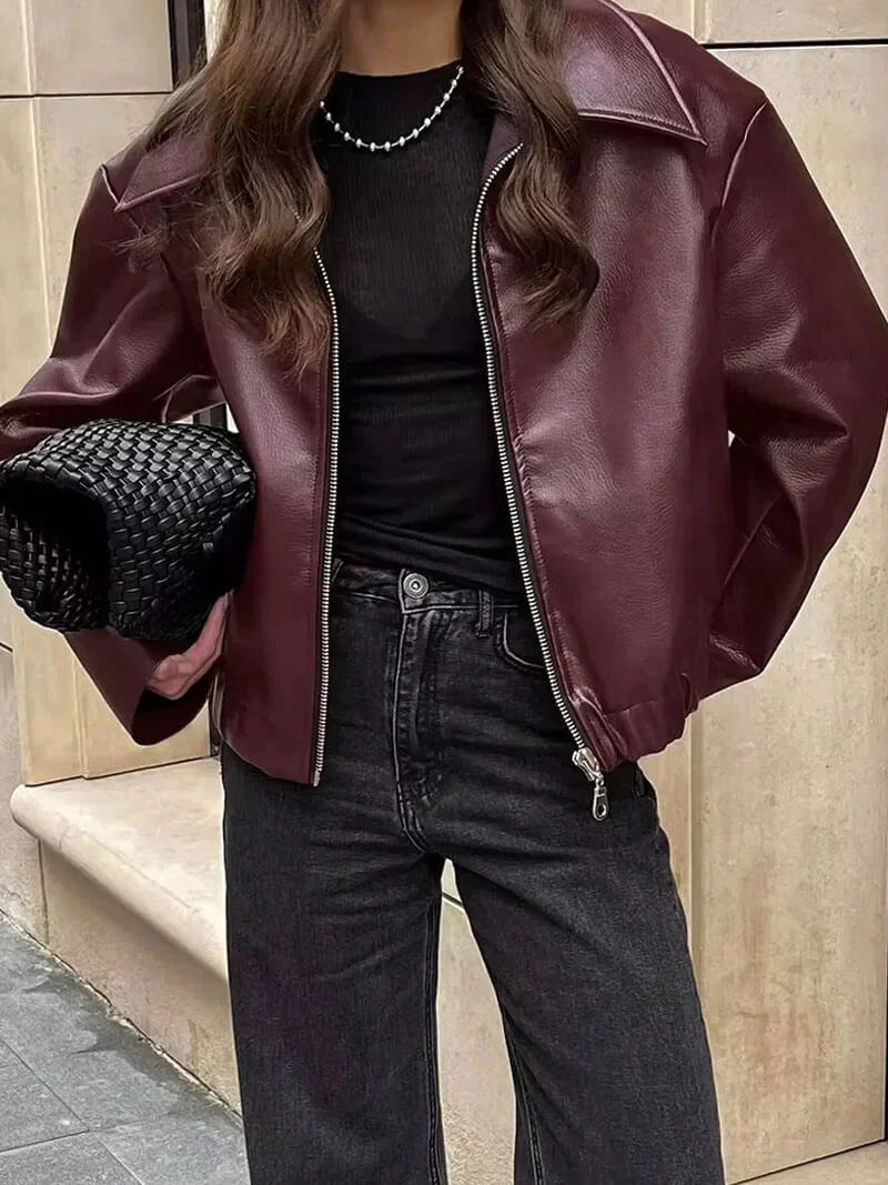 Veste femme en cuir PU bordeaux – style moderne avec zip & coupe élégante