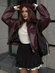 Veste femme en cuir PU bordeaux – style moderne avec zip & coupe élégante