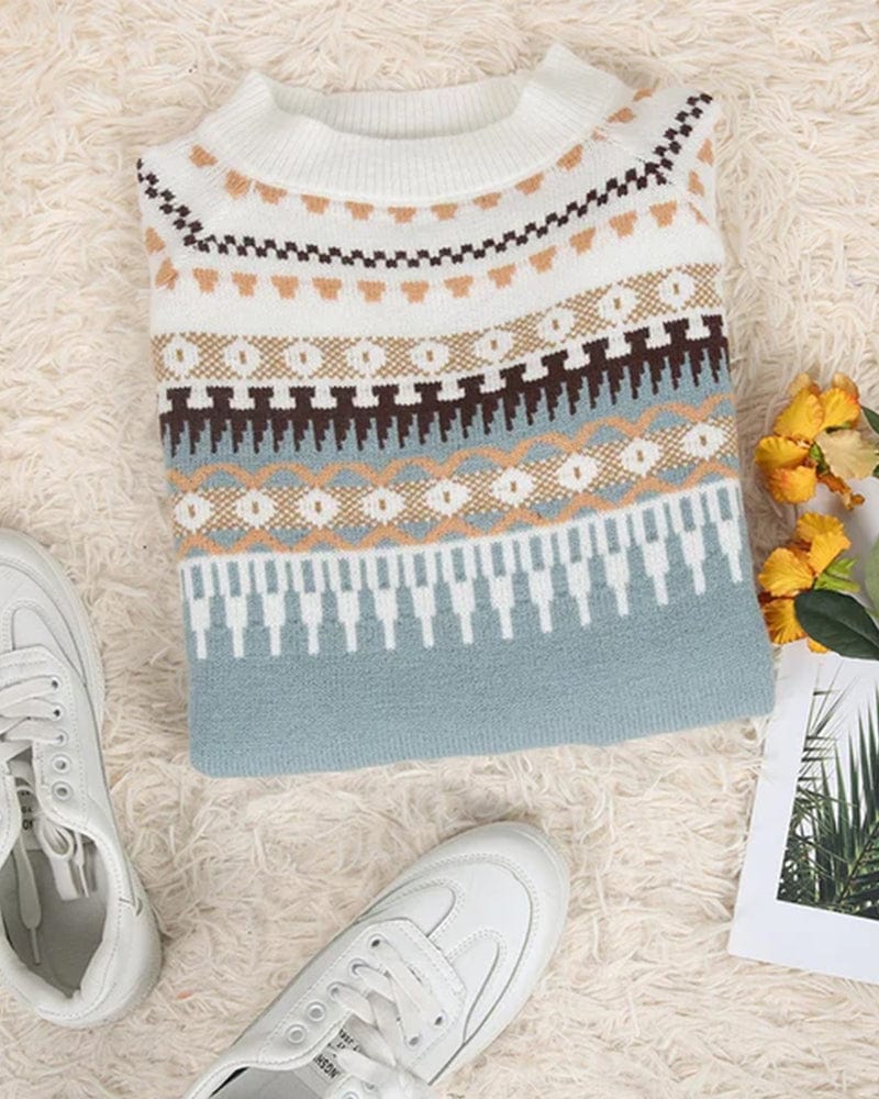Pull femme jacquard Fair Isle – laine mélangée chaude & col rond