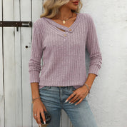 Blouse femme casual unie col V boutonné – Manches longues élégantes