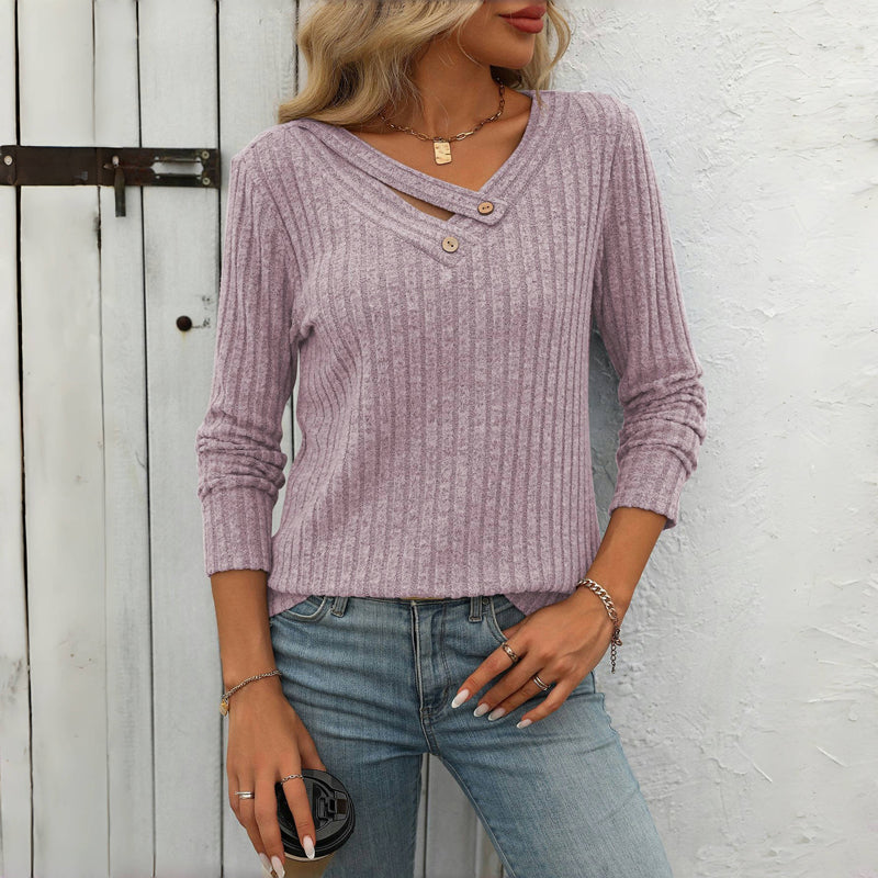 Blouse femme casual unie col V boutonné – Manches longues élégantes