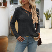 Blouse femme casual unie col V boutonné – Manches longues élégantes