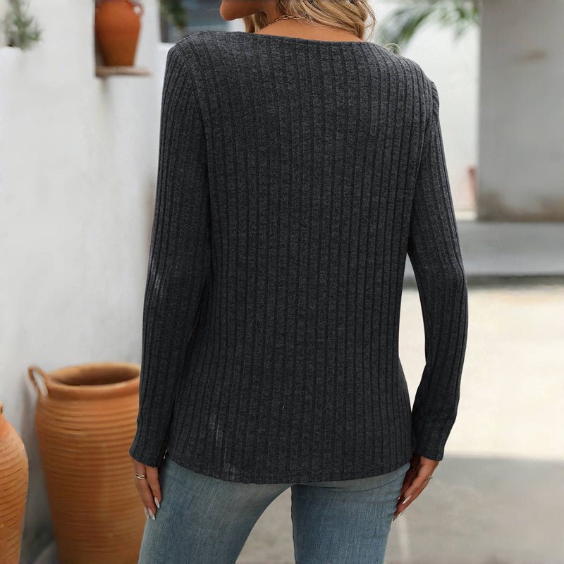Blouse femme casual unie col V boutonné – Manches longues élégantes