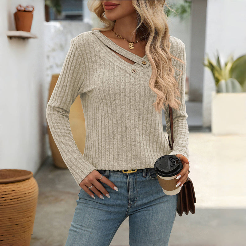 Blouse femme casual unie col V boutonné – Manches longues élégantes