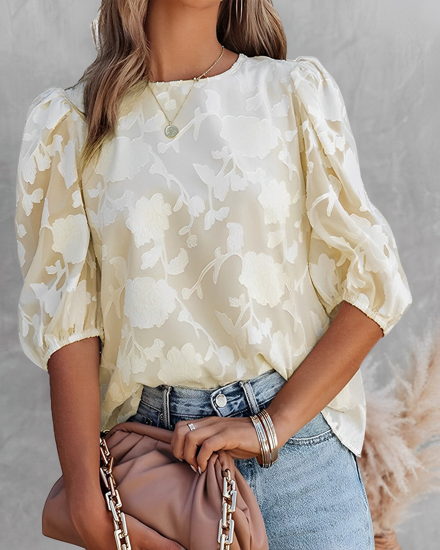 Blouse femme Fiona à manches bouffantes – Chiffon blanc à imprimé fleuri